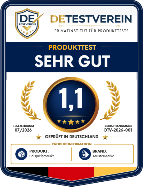 Musterabbildung des DE-Testverein-Siegels mit der Note 1,1 (Sehr gut)